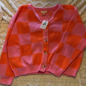 Easel Pink and Orange Checkered Cardigan